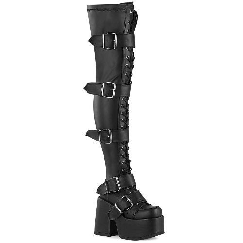 Demonia CAMEL-305 | Black Stretch Vegan Leather Above Knee Boots - 08 / Black