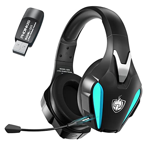 PHOINIKAS Gaming-Headset Wireless, Kabelloses Gaming-Kopfhörer, 2.4GHz-Dongle für PS4/PS5/PC, 7.1-Stereo, Abnehmbares Mikrofon mit Geräuschunterdrückung, LED-Leuchten - Grün