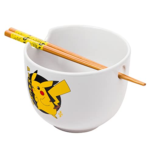 Silver Buffalo Pokemon Pikachu Ceramic Ramen Noodle Rice Bowl with Chopsticks, Microwave Safe, 20 Ounces - Pokemon Pikachu