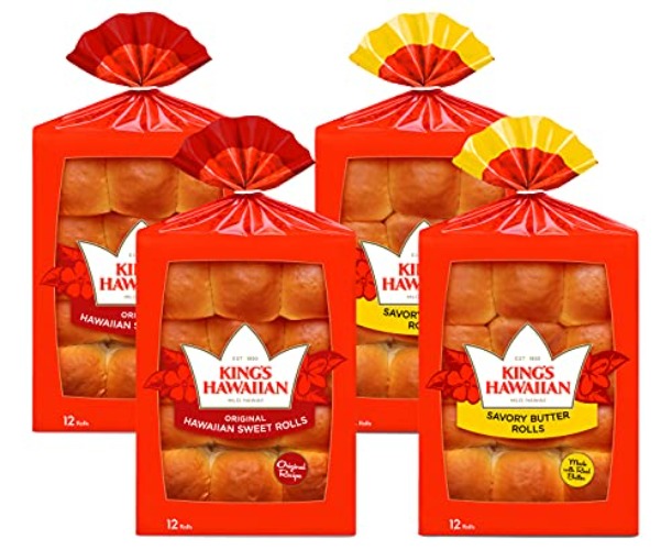 KING’S HAWAIIAN Ultimate Roll Variety Pack, 2 Packs of Original Recipe Hawaiian Sweet Rolls & 2 Packs of Savory Butter Rolls, 12 Rolls/Pack (Pack of 4)