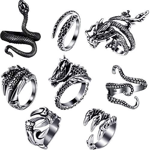 Hicarer 8 Pieces Vintage Punk Rings Dragon Snake Octopus Retro Open Adjustable Ring