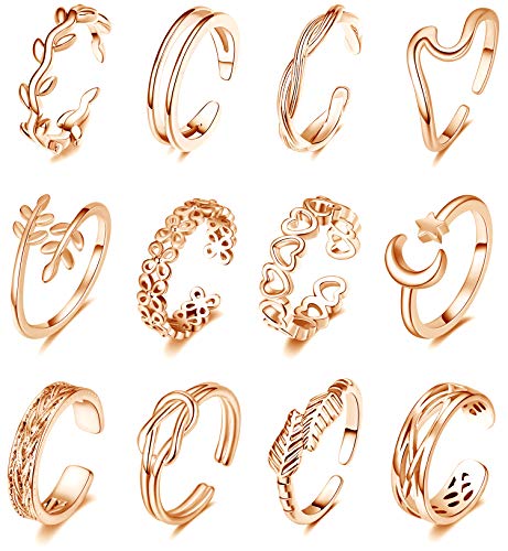 KOHOTA 12PCS 18K Gold Plated Adjustable Toe Rings for women Summer Beach Open Toe Rings Set Flower Arrow Tail Pinky Band Rings Barefoot Foot Jewelry - Rose gold color