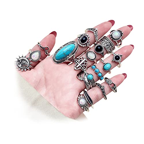 Vintage Silver Knuckle Rings Set for Women Men, Chunky Rings Aesthetic Snake Grunge Stackable Gothic Ring Adjustable Y2K Punk Bulky Boho Finger Alt of Rings, Stacking Fairy Skull Frog Heart Star Flower Midi Ring Pack - 19