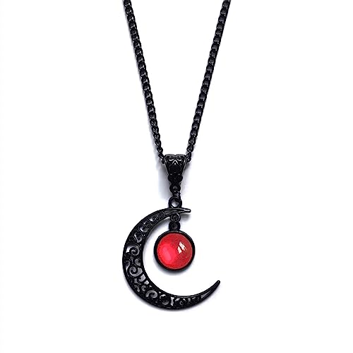Rrdaily Gothic Moon Crystal Necklace Punk Style Moon Pendant Necklace Vintage Black Crescent Necklace Dark Gothic Necklace Costume Jewelry New Year Jewelry for Women - Red