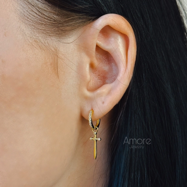 925 Sterling Silver Dagger Sword Dangle Zircon Hoop Earrings, Sword Jewelry, Silver Hoop Earrings, Gift For Her