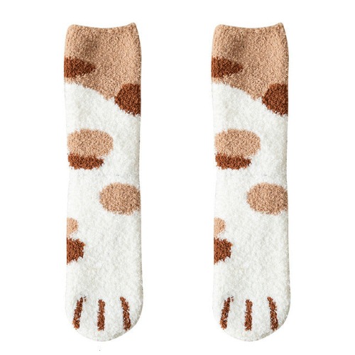 Kawaii Warm Cat Paw Fuzzy Socks - 1 x Brown Calico