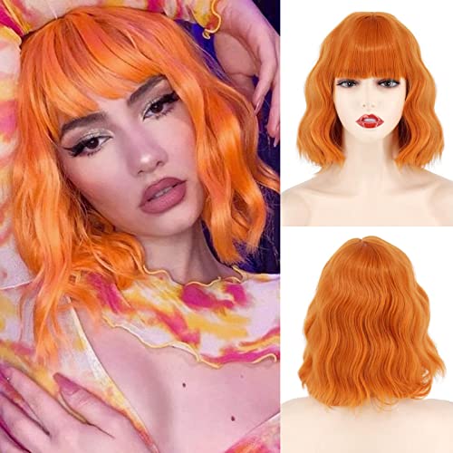MISSQUEEN Short Orange Wigs with Bangs,Orange Bob Wavy Wigs for Women,Short Curly Orange Wigs Synthetic Heat Resistant Wig for Cosplay Party - Orange