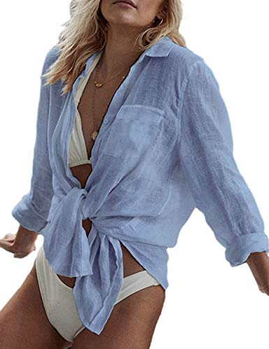 Bsubseach Women Long Sleeve Beach Shirt Blouses Bathing Suit Cover Up Button Down Collar - G- Cyan