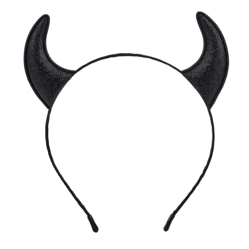Glitter Devil Horns Headband, Black Devil Horns Devil Costume for Women Men Girls, Halloween Fancy Dress Cosplay Hairband (Black) - Black