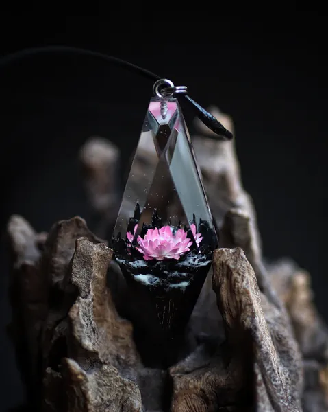 Wood resin pendant Radiance Pink. Secret magical world inside necklace. Eco epoxy jewelry. Perfect gift for her. For man and woman