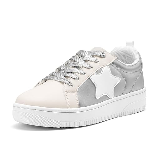 HEEZ Womens Platform Sneakers, Stylish Lace Up Fashion Sneakers, Lightweight Breathable Tennis Shoes, Casual Walking Shoes with Arch Support, Round Toe, Removable Insole, Anti-Slip TPR Outsole - 8.5 - Silver Pu