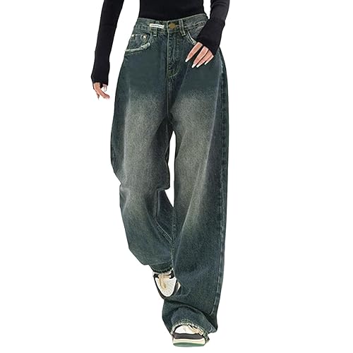 Baggy Jeans for Women Low Rise Hip Hop Pants Vintage Wide Leg Boyfriend Jeans Aesthetic Clothing - Blue - Medium
