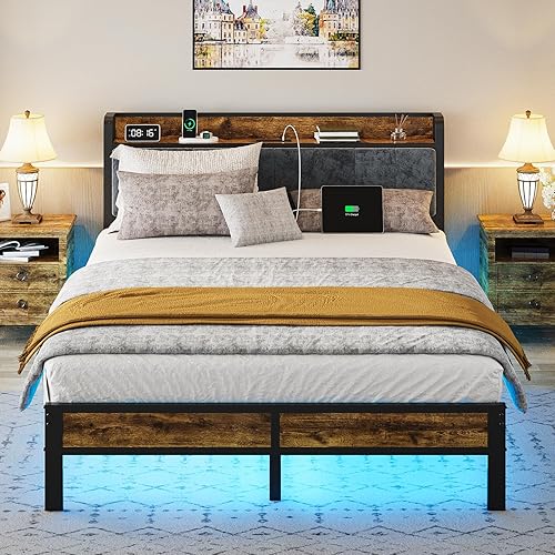 Queen Bed Frame with Headboard, Metal Platform Bed with Smart LED Lights and USB Charging Station, Easy Assembly, No Box Spring Needed - Queen (U.S. Standard)