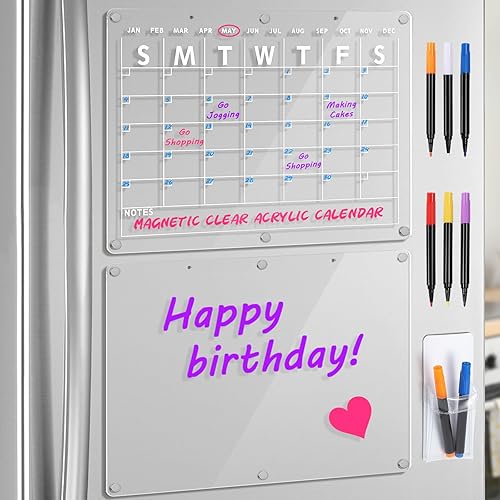 Acrylic Magnetic Dry Erase Board Calendar for Fridge 2 Set, 16.5"x12" Inch Clear Dry Erase Calendar for Refrigerator, Acrylic Planner Calendar Includes 6 Colors Magnetic Dry Erase Markers with Eraser - Calendar+memo Board
