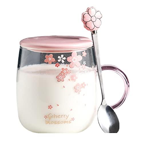 Novelty Pink Sakura Cup with Lid Spoon Glass Drinking Mug 500ml Coffee Cup with Scale Handle Heat Resisting Cute Cherry Blossom Borosilicate Cups for Milk Juice Tea Perfect Gifts for Girls Women - Bottom Letters