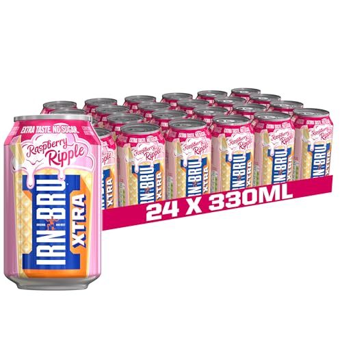 IRN-BRU XTRA 24 Pack Limited Edition Raspberry Ripple Summer Flavour, Zero No Sugar & Low Calorie Fizzy Drink - 24 x 330ml Cans - XTRA Raspberry Ripple - 330ml - 24 Cans