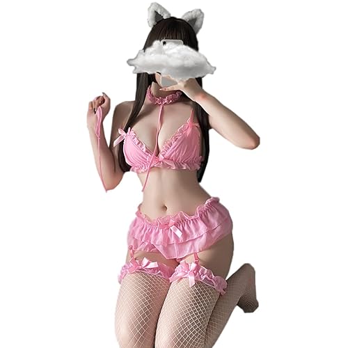 THSCWY Womens Sexy Cosplay Lingerie Set Cute Chiffon Ruffle Nightgown Strappy Babydoll Outfit - One Size - Pink