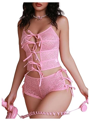 SOLY HUX Women's Lace Lingerie Set Tie Front Cut Out Sheer Bra and Panty Sets - Medium - Plain Pink