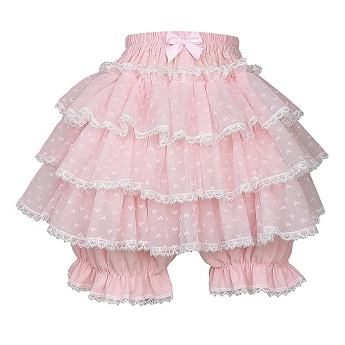 Cuteighteen Women Lolita Bloomers Japanese Cute Tiered Ruffle Bloomer Shorts Kawaii Tulle Tutu Pumpkin Pants Pettipants - Medium - Pink