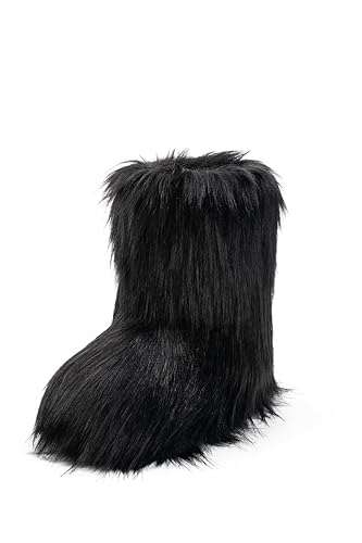 IXU Women's Faux Fur Boot Furry Fluffy Round Toe Suede Snow Winter Women Boots Comfy Plush Warm Short Outdoor Indoor Flat Shoes Mid-Calf Boots - 6 - Black