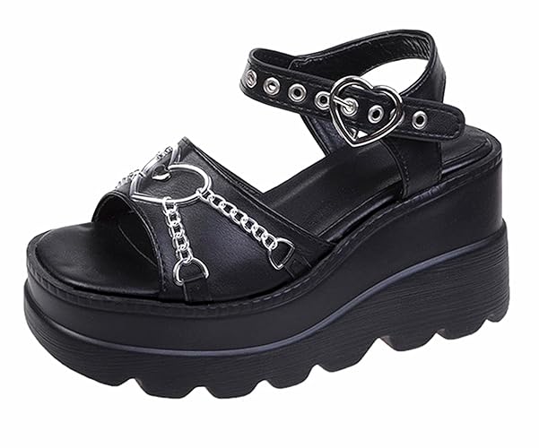 Gothniero women black platform sandals goth chunky wedge heel summer sandals girls gothic platform sandals for women metallic spider buckles slides size 5.5-11 - 6 - Black2