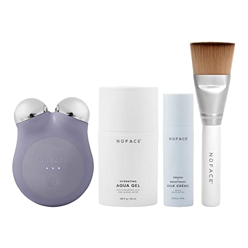 NuFACE Mini+ Starter Kit – Petite Facial Toning Device with Aqua Gel Activator 1.69 Oz, Silk Crème Activator 0.5 Oz + Clean Sweep Applicator Brush – Violet Dusk - Violet Dusk