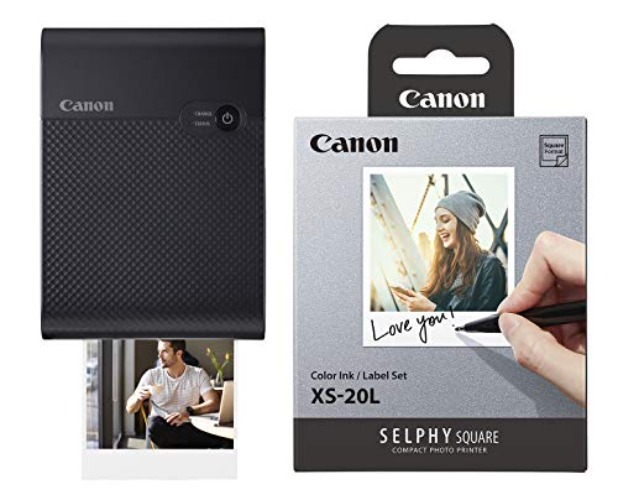 Canon SELPHY QX10 Compact Square Photo Printer, Black Color Ink/Label Set XS-20L (20 Sheets), Compatible to SELPHY Square Printer - Black - Printer + Paper