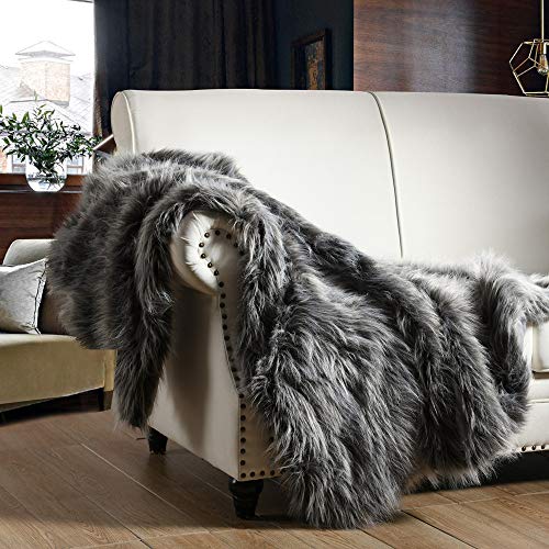 Luxury Faux Fur Throw Blanket, Grey and Black High Pile Mixed Throw Blanket, Super Warm, Fuzzy, Elegant, Fluffy Decoration Blanket Scarf for Sofa, Couch and Bed, 50''x 60'' - Grey - 50'' x 60''