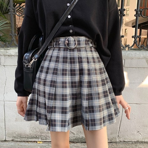 "Storm" Black and Grey Tartan Skirt - Black / M