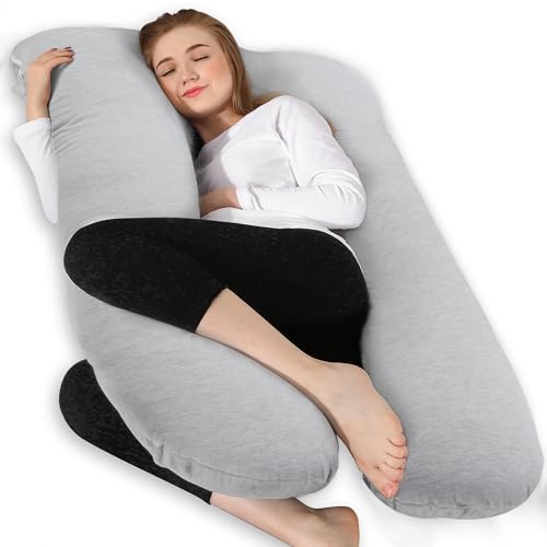 Chilling Home Cooling Jersey Cotton 59 Inch Pregnancy Pillow for Sleeping, Full Body Pillow for Adults, Maternity Pillow for Pregnant Women, Comfort U Shaped Pregnancy Pillow with Removable Cover - Cooling Jersey-Grey - 59*28