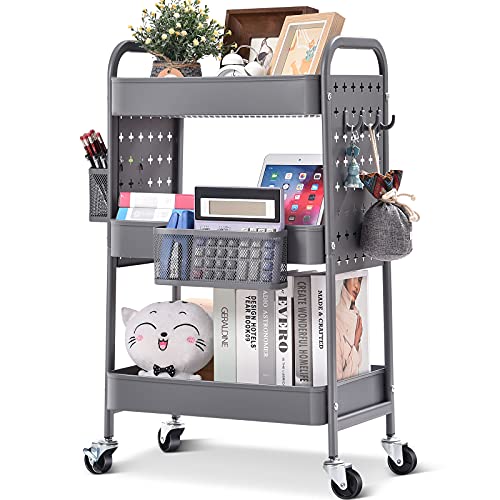 TOOLF 3-Tier Storage Cart, Metal Utility Rolling Cart with DIY Pegboards, Art Craft Trolley with Baskets Hooks, Organizer Serving Cart Easy Assemble for Office, Home, Kitchen, Bathroom, Laundry, Grey - Grey