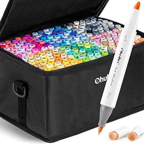 Ohuhu Brush Markers - 216-color Double Tipped Alcohol-based Art Marker Set for Artist Adults Coloring Illustration -Brush & Chisel Dual Tips - Honolulu Series of Ohuhu Markers - Refillable Ink