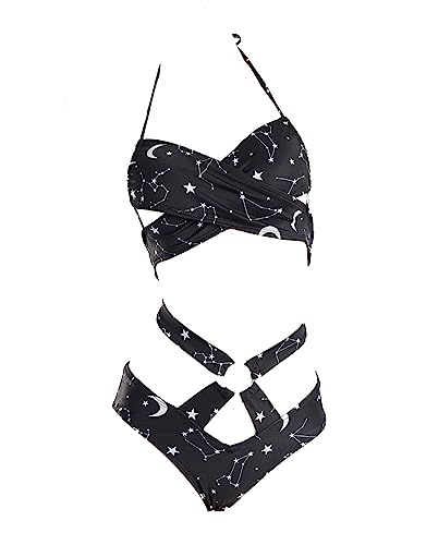 MEOWCOS Women's Bikini Sets Gothic Swimming Suit with Constellation Print Two-Piece Bathing Suit with Gauze Skirt - Black - Small