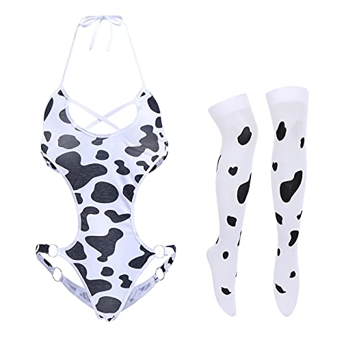 Women Sexy Milk Cow Lingerie Set Anime Maid Cosplay Costume Mini Bikini Bra Bodysuit with Bell Choker Stockings Outfit - One Size - Cow Monokini Set