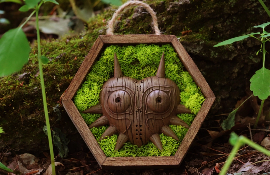 The Legend of Zelda : Majora&#39;s Mask | Hand Painted with Wood Grain Finish | Backed in 6&quot; x 5&quot; Hexagon Wood Frame Shadow Box | Gamer Decor