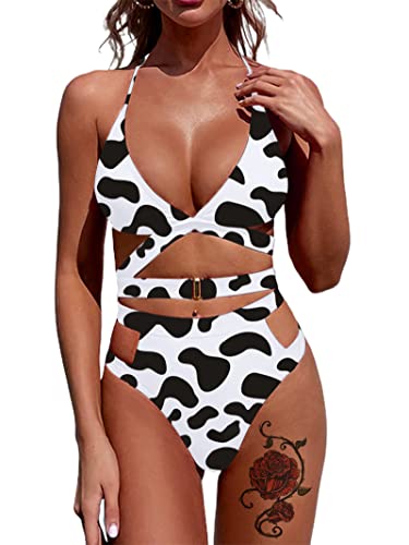 Avanova Women's Bikini Set Crisscross Cut Out Swimsuits 2 Piece High Waisted Bathing Suits - Small - Cow