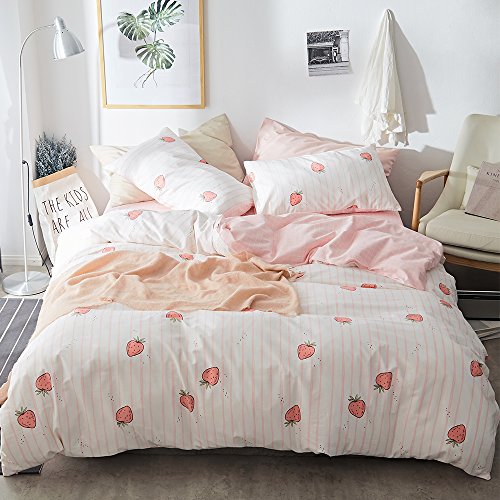 Pink Strawberry Duvet Cover Kids Girl Kawaii Print Bedding Set Queen 1 Duvet Cover with 2 Pillowcases Cotton Strawberry Comforter Cover Lovely Soft Full Bedding Set with Zipper and Corner Ties - Queen(90"x90") - A8# Strawberry