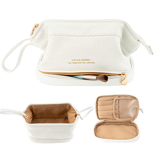 Abiudeng Large Makeup Bag,Double Layer Cosmetic Bag,Travel Makeup Bag,Leather Makeup Bag, Cosmetic Travel Bags,Portable Leather Toiletry Bag-white - B-White