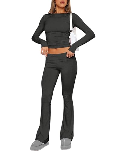 Women's Skims Cotton Lounge Flared Legging Set Two Piece Outfits Basic Long Sleeve Crop Tops Low Rise Fold Over Yoga Pants - Pink - Small