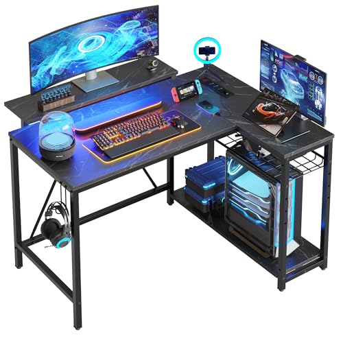 Bestier Small Gaming Desk with Power Outlets,42 L Shaped LED Computer Desk with Monitor Stand Reversible Storage Shelves,Corner Gamer Desk with Headset Hooks USB Port,Black Marble - 42 inch - Black Marble