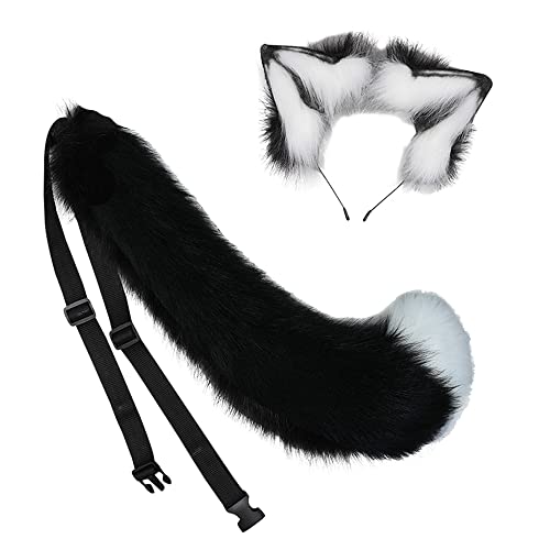 BSTANG Wolf Fox Tail and Clip Ears Kit Halloween Costume Accessories Toys Gift (Wolf Black White) - Wolf Black White