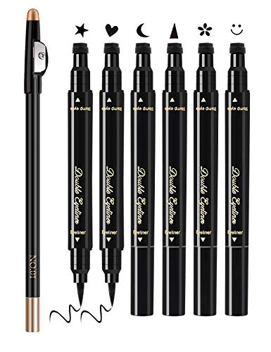 Eyeliner Stamps,7 Pcs Eyebrow Pencil Liquid Eyeliner Set,Waterproof Face Stamps With Heart/Flower/Moon/Star/Smiley Face/Triangle Seal Stamp,Long Lasting Seal Eyeliner Pen ,Eye Decoration Eye Liner Makeup Tool Black No smudge (7PCS) - 7PCS