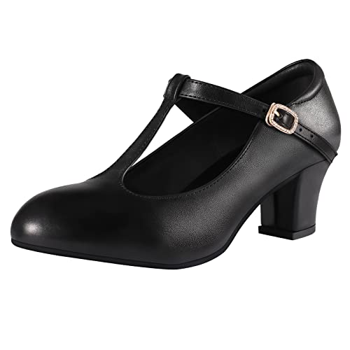 Women's T-Strap Character Shoes Latin Ballroom Dance Heels Black Wedding Pumps - 10.5 - Black