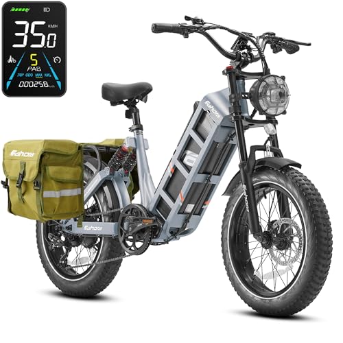 eAhora Juliet/Juliet Ⅱ [2024 Newest] Electric Bike for Adults 1000W/1500W 48V/52V 60Ah 100+Miles Long Range E-Bike 20" Fat Tire Full Suspension E Bike with Dual Hydraulic Brakes - Blue-Gray - Juliet+rear Rack Bag