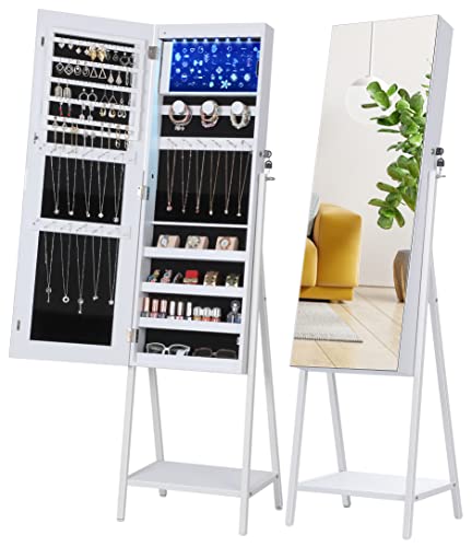 Nicetree 8 LEDs Standing Jewelry Mirror Cabinet, Full Length Mirror and Jewelry Storage All in One, Superior Storage Capacity Jewelry Armoire Stand Up Mirror,White - White