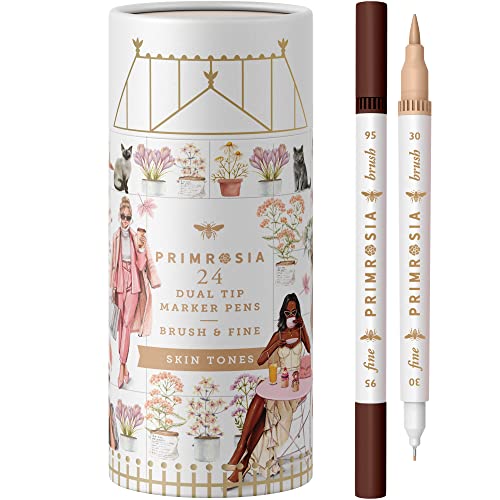 Primrosia 24 Skin Tones Dual Tip Marker Pens, Hair and Portrait Watercolor Sketch Set – Fine and Brush Ends, Art Supplies for Coloring, Sketching and Drawing - Skin Tones