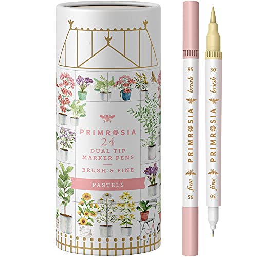 Primrosia 24 Pastel Dual Tip Markers, Fine Tip and Brush Pens. Perfect for art, illustration, drawing, calligraphy and bullet journals - Pastel Colors
