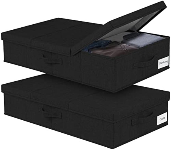 Under Bed Storage, Large Underbed Storage Containers with Lids, Foldable Clothes Storage Bins W/ Reinforced Handle for Bedroom Organization, Closet Organizers for Blanket, Shoe, Pillow -2 Pack, Black - Black