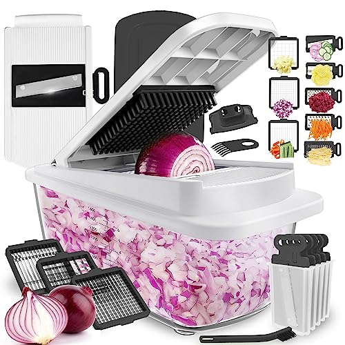 KucheCraft Vegetable Chopper, 13 in 1 Onion Chopper Dicer, Manual Vegetable Cutter with Container and Lid, Pro Food Chopper for Potato Tomato, Kitchen Veggie Slicer for Zucchini-(8 Blades, White) - White/Black