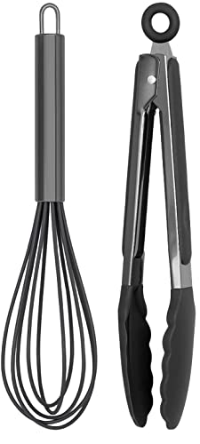 Country Kitchen 10" Whisk and Tong Kitchenware Set for Nonstick Cookware, Silicone and Stainless Steel Accessories for Cooking, Baking, Frying, Grilling, Blending and Serving- Gun Metal and Black - Tong and Whisk Set - Black